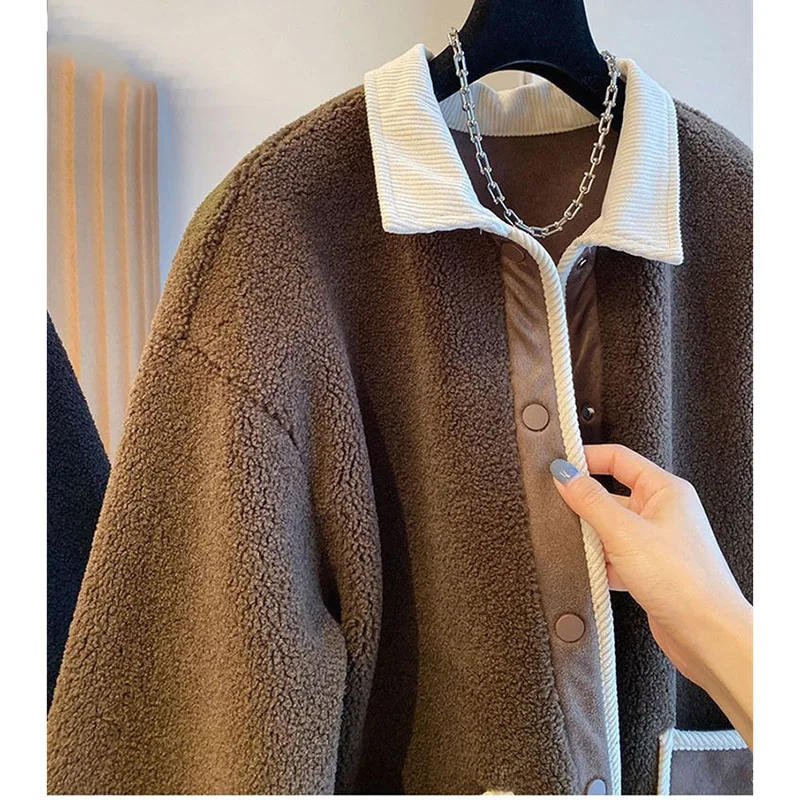 2024 Spring Autumn Female Lamb Wool Outwear Ladies Loose Fit Large Size 4XL Coat Korean Women Fashion Splicing Together Jacket