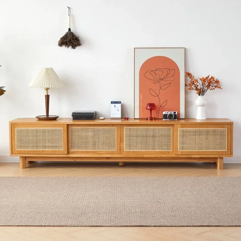 

All solid wood black walnut TV cabinet simple modern cherry wood retro rattan sliding door white oak audio-visual cabinet