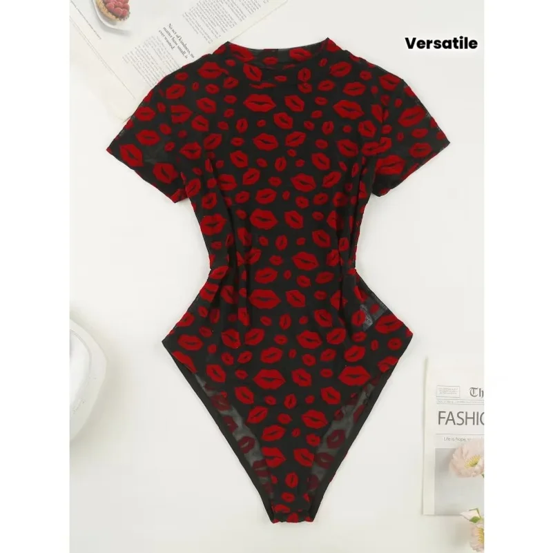 Red Sexy Hot Lips Christmas Personalized Print Round Neck Short Sleeve Fashionable Versatile Tight-Fitting Jumpsuit