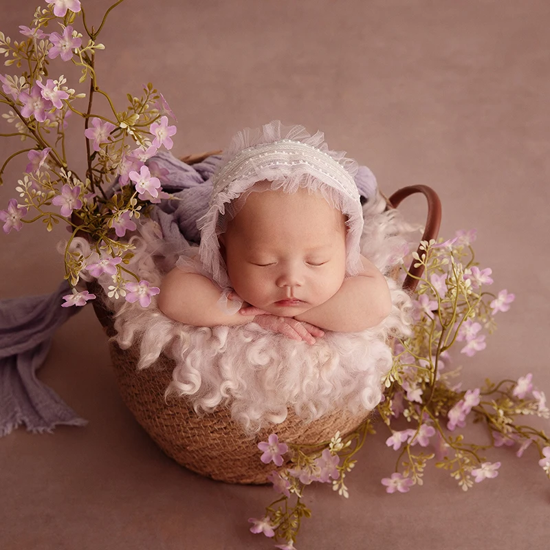 Fotografia noworodkowa Seersucker Wrap Miękki wełniany filcowy koc Baby Photo Head Flower Prop Baby Posing Basket Filler Akcesoria