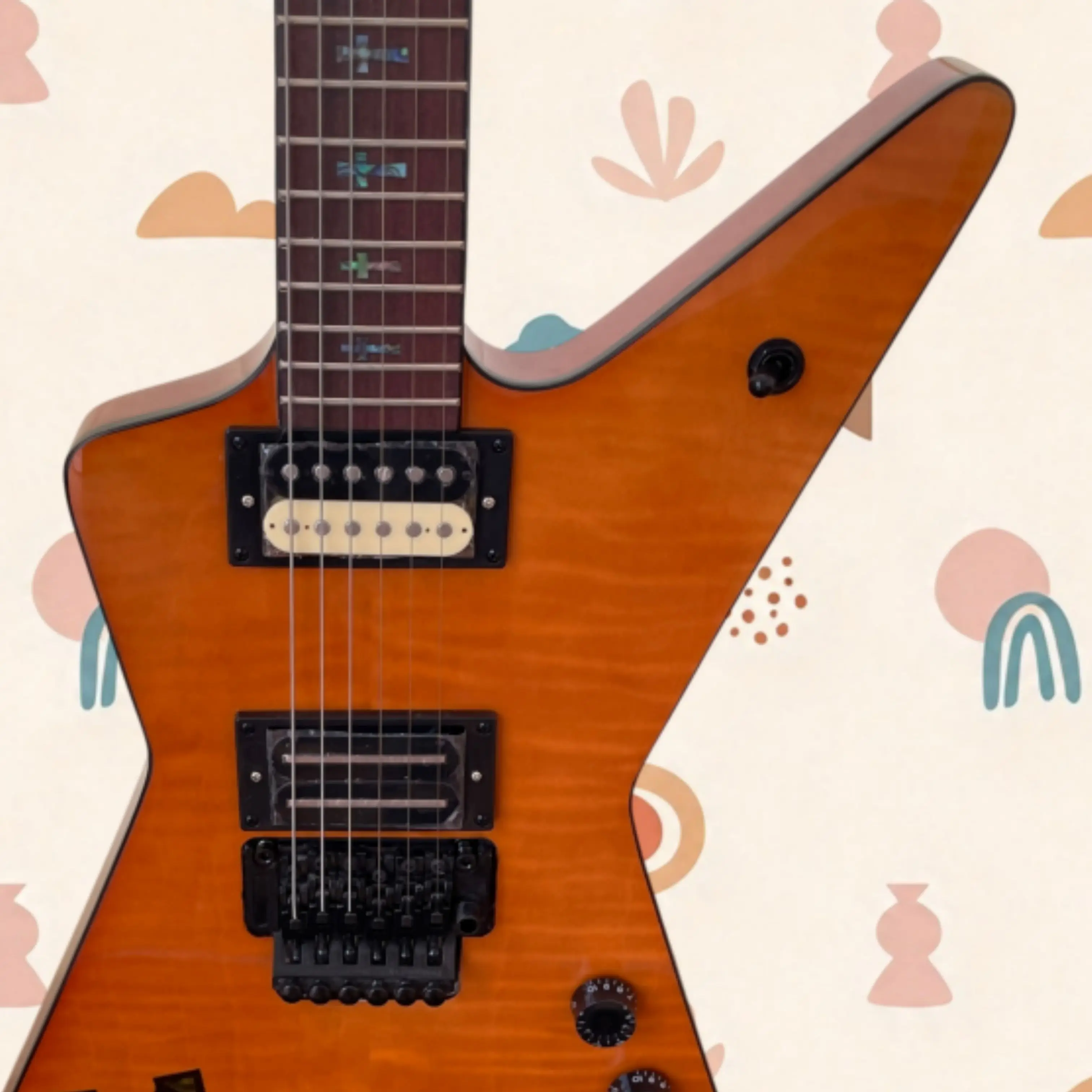 Amber Orange Electric Guitar with Art Pattern, Abalone Inlays, Full Rich Tone Guitars, Ideal for Heavy Rock Performance Guitarra