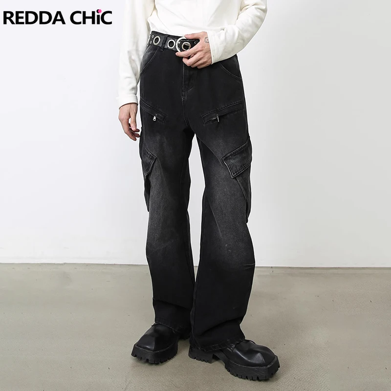 REDDACHIC Big Pockets Zipper Men Denim Cargo Pants Low Waist Distressed Loose Wide Pintuck Baggy Jeans Retro High Street Clothes