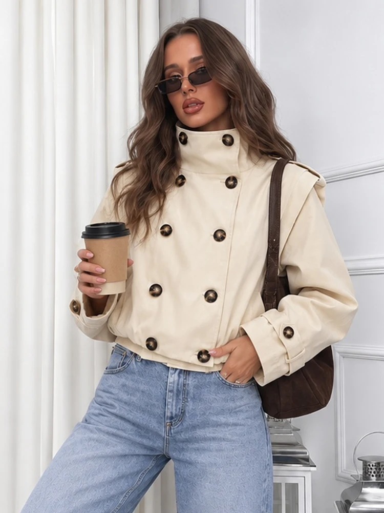 HH Women Cropped Stand Collar Double Breasted Jacket With Shoulder Epaulets Gathered Hem Hem Long Sleeve Daily Wear Outerwear