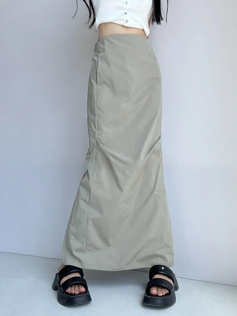 

American Style Workwear High Waist A-Line Skirt for Women Summer Vintage Side Slit Pleated Long Sporty Straight Skirt