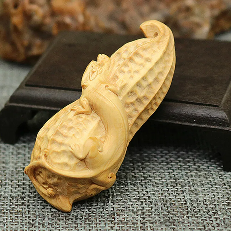 

2" Hand Carved Boxwood Netsuke : Baby Dragon On Peanut