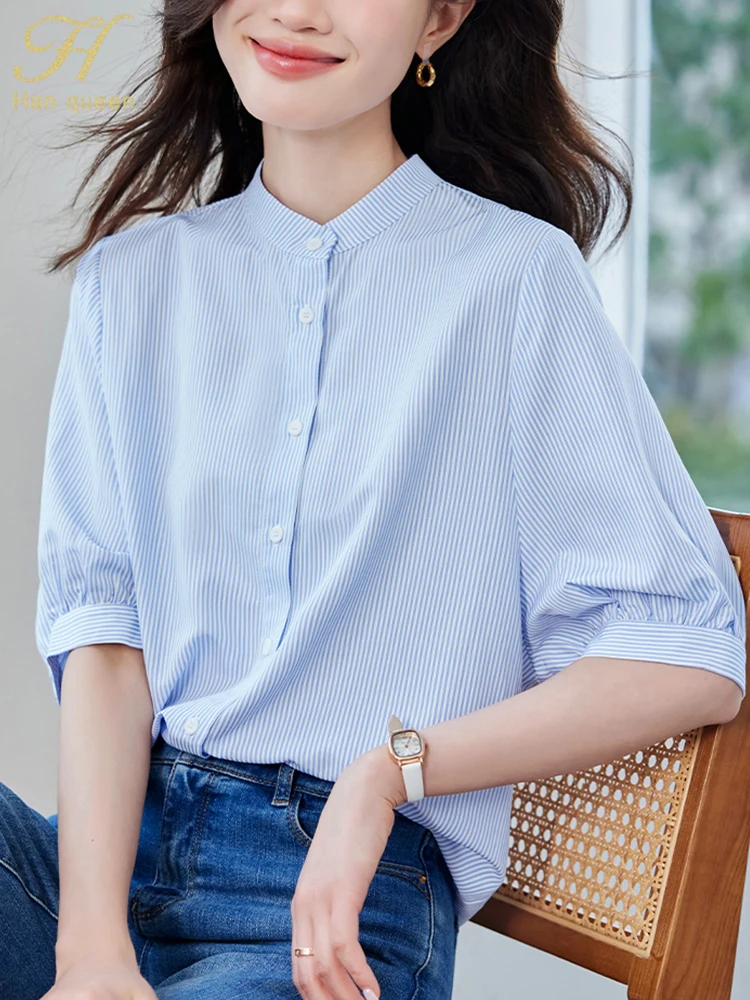 

H Han Queen 2025 Loose French Stripes Shirts And Blouses Women Loose Casual Summer Clothes Female Short Sleeve Top Women's Shirt