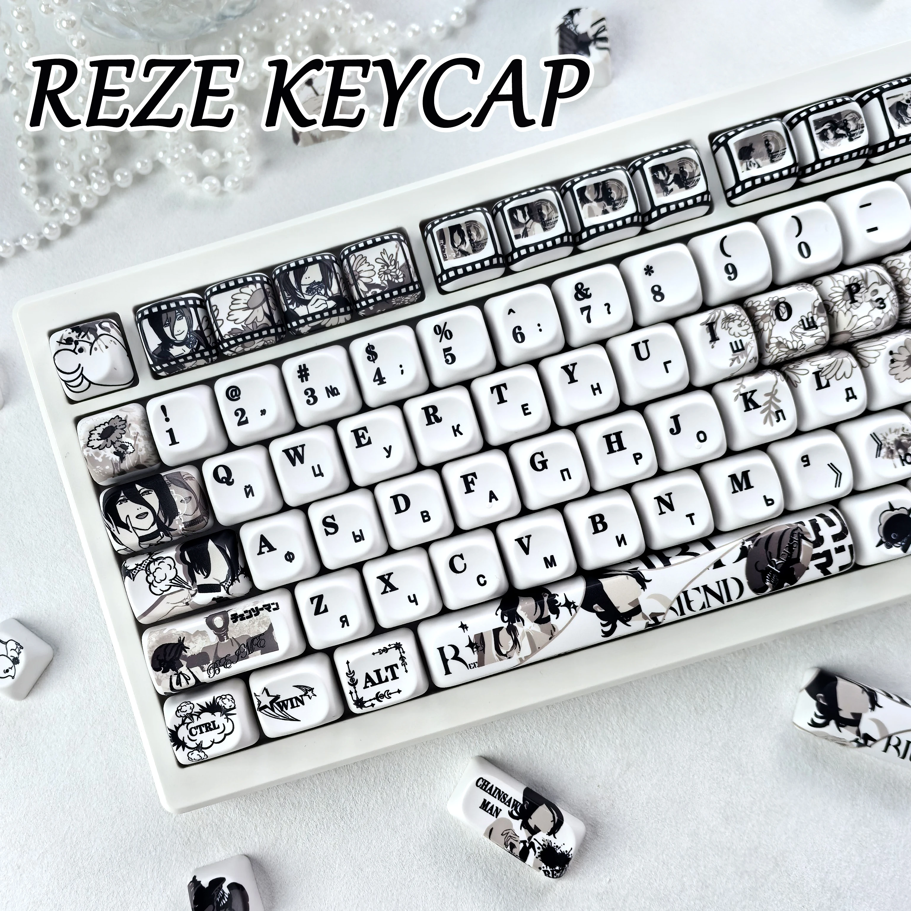 MAIMOOO Reze Keycaps Russian Chain Saw Man Anime Moa Pbt Thermal Sublimation Black And White Mechanical Keyboard Keycaps