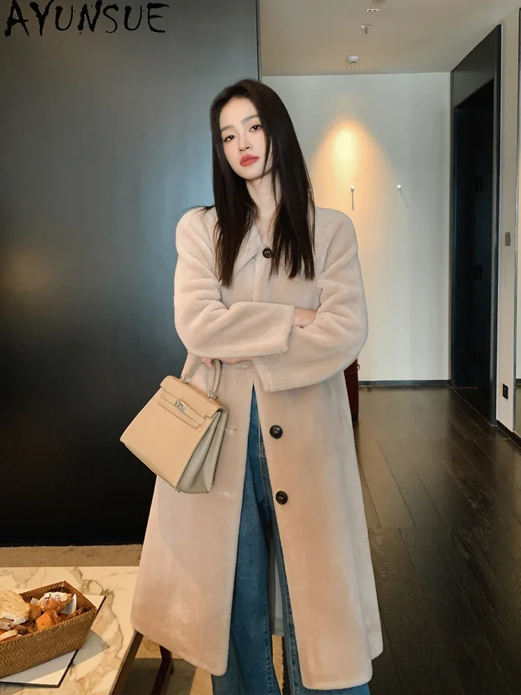 AYUNSUE Elegant Long Sheep Shearing Jacket for Women Winter 100% Wool Coat Womens Clothing Fashion Fur Coats Jaqueta Feminina