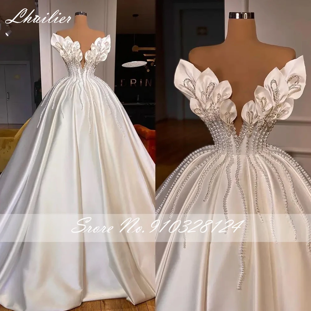 Lhuilier Customized Women\'s A Line V Neck Satin Wedding Dresses Elegant Sleeveless Pearls Beaded Bridal Gown with Chapel Train