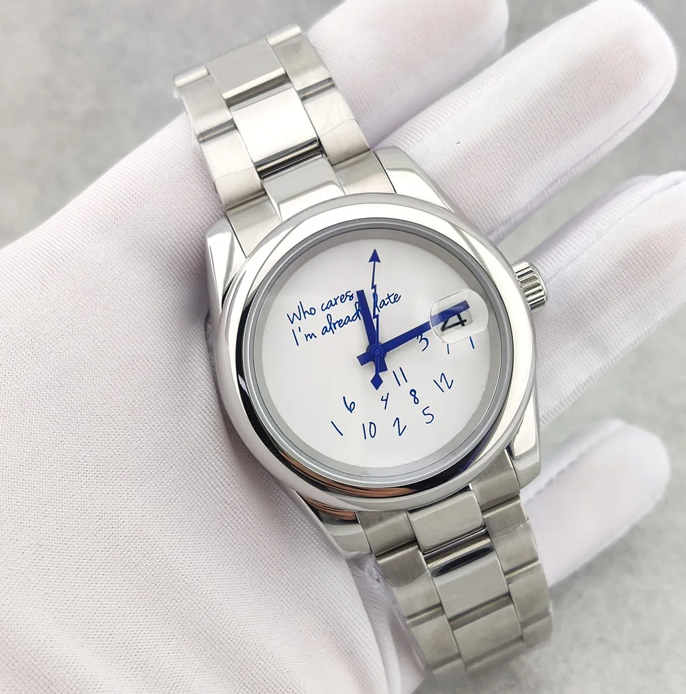 36 مللي متر/39 مللي متر ساعة NH35 ساعة من يهتمني بالفعل متأخر ساعة الأزرق الهاتفي الفولاذ المقاوم للصدأ الياقوت الكريستال ساعة مقاومة للماء