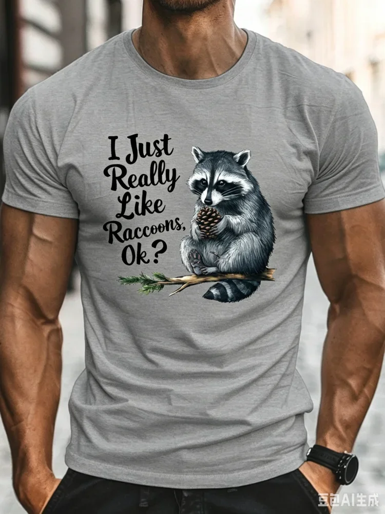 I Just Really Like Raccoons Lustiges Slogan-Print-T-Shirt für Herren, niedliches Tier-Grafik-T-Shirt, Sommer, lässige Kurzarm-Tops