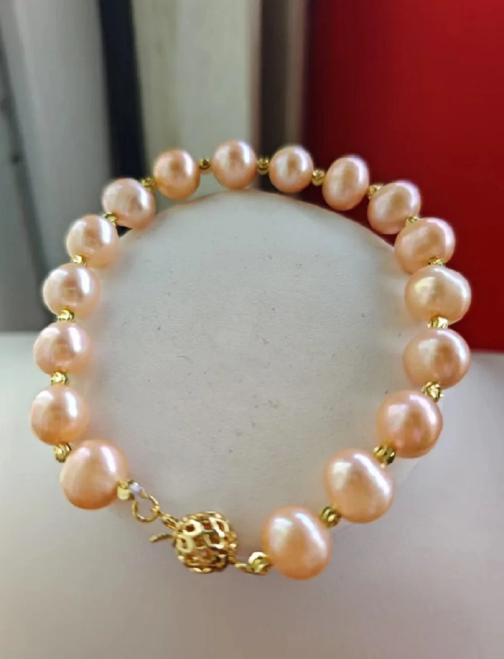 

Amazing AAA+9-10mm Natural South Sea Pink Round Pearl Bracelet 925S. 7.5-8 inch