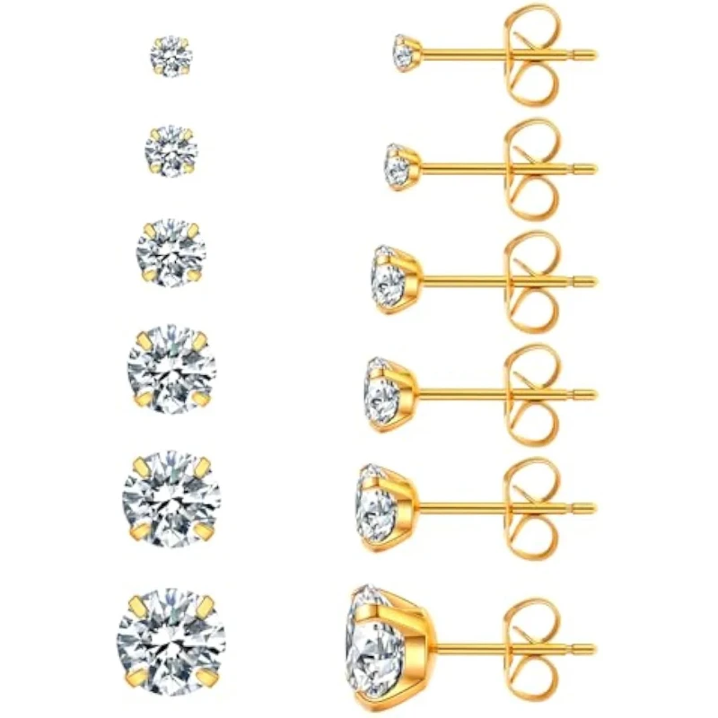 6 Pairs trendy cute stud earrings set for women hypoallergenic cubic zirconia earings stainless steel 3-8mm earring jewelry gift