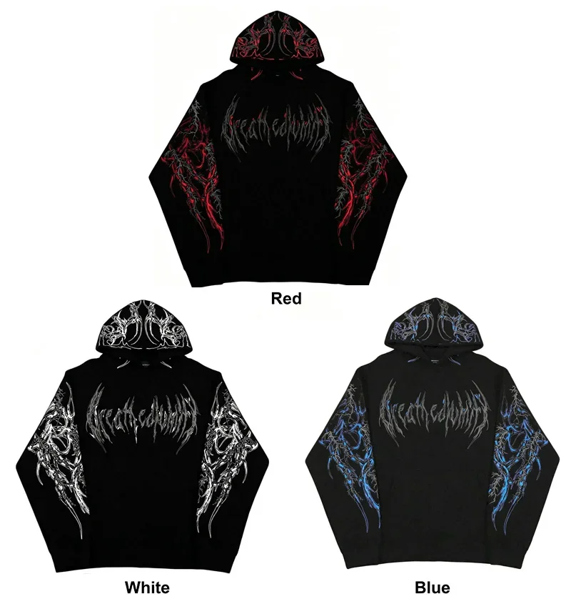 Herren Gothic Punk Hoodie mit Schriftzug-Print, Y2K Hip-Hop Streetwear Pullover, Dunkles Muster, Lässiger Kapuzenpullover mit Tasche – Detail 10