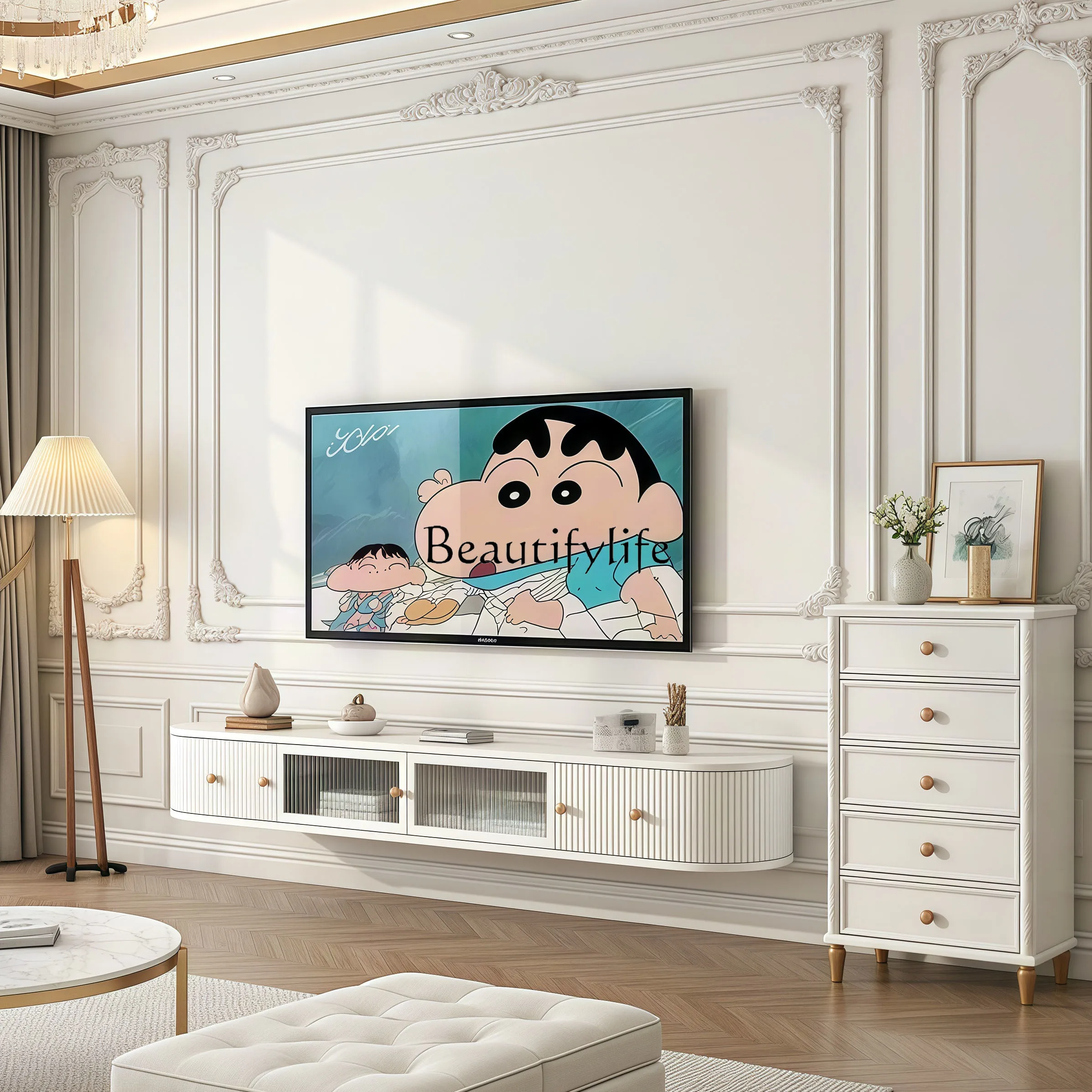 

05-French cream TV cabinet coffee table combination living room household small apartment modern simple floor