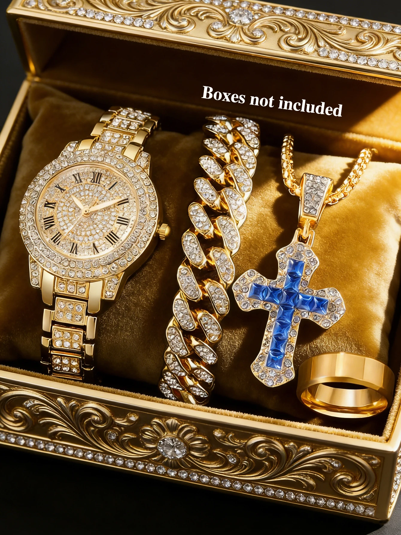 Fashionable Ladies round Shell Quartz Watch Set with Cuban Hip Hop Jewelry Accessory Suitable for Festive Occasions Gift Idea