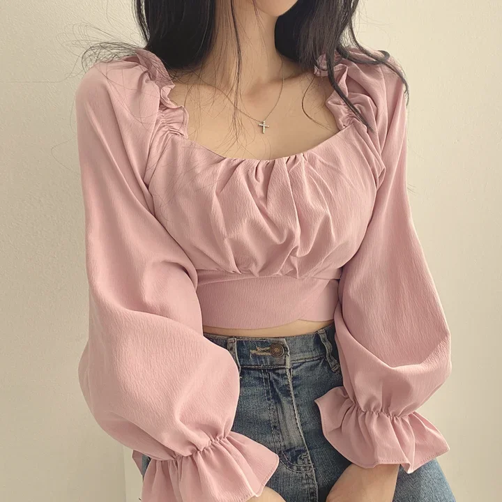 Y2k Womens Waist Tops 2024 Blusas Mujer De Moda Square Collar Bandage Slim Blouses Korean Elegant White Puff Sleeve Shirt