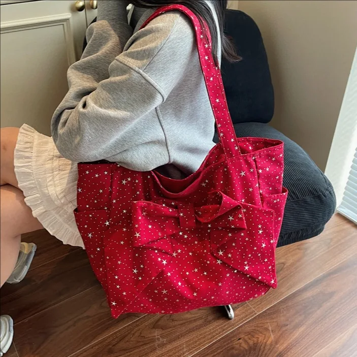 

2025 Новая женская большая вместительная сумка с бантом, парусиновая сумка через плечо в горошек, модная сумка через плечо, дизайнерские роскошные сумки для женщин