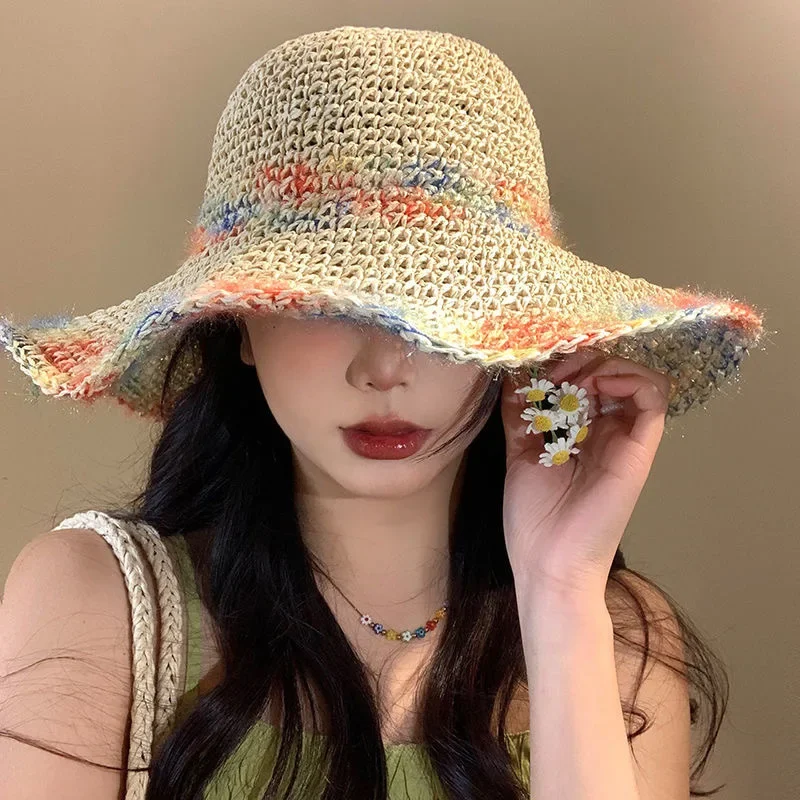 Women Straw Sun Hat Summer Wave Pattern Wide Brim UV Protection Sun Cap For Beach Travel Vacation Outdoor