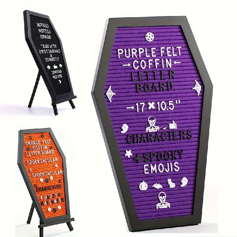 

17x10.5In Coffin Letter Board Black With Spooky and Wooden Stand - Gothic Halloween Home Decor Spooky Gifts Decorations