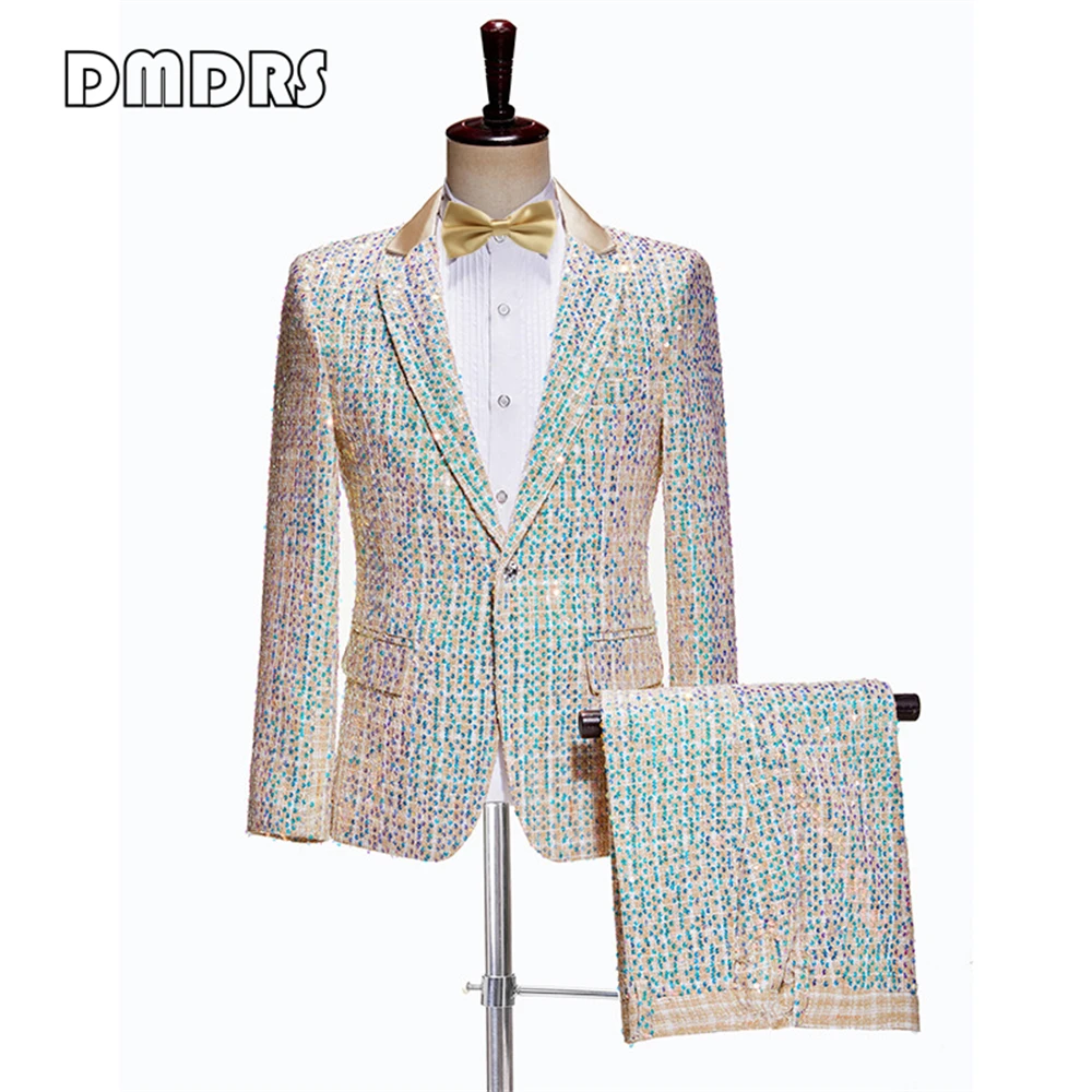 Champagne One Button Men's Performance Costume Suit Set Long Sleeves Sparkle Jacket Pants and Bow-tie  Plus Size