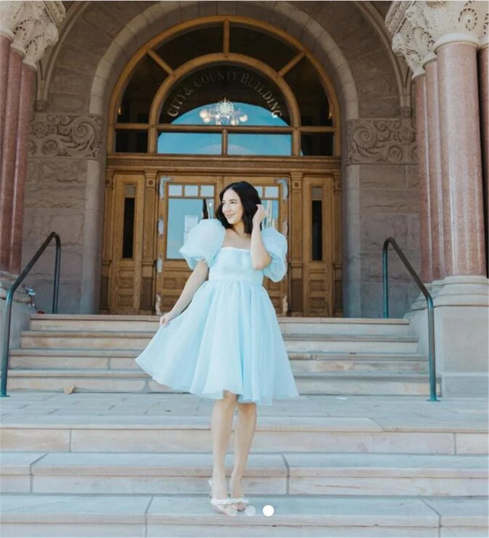 Eeqasn Simple Light Blue Midi Prom Dresses Short Sleeve Organza Knee Length Prom Gowns Square Collar Simple Wedding Party Dress