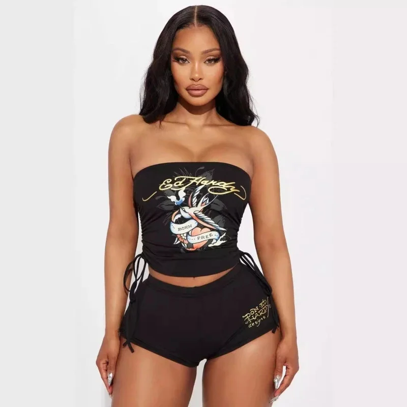 Women Strapless Tube Top Shorts, Set Graphic Print Two Piece, Outfit Sleeveless Crop Top High, Waist Shorts Clubwear Streetwear