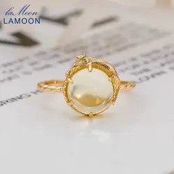 LAMOON Natural Lemon Quartz Gemstone Ring For Women 925 Sterling Silver Gold Vermeil Fine Jewelry Gift Vintage 3D Cute Cat Gift