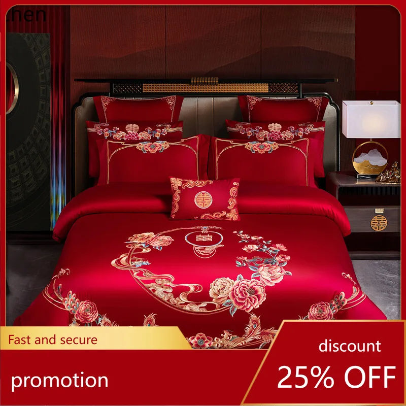 HXL all-cotton wedding red embroidered bedding quilt