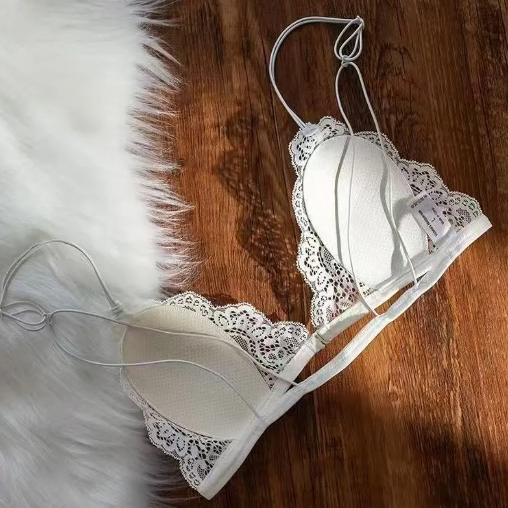 Ultra-thin Shoulder Strap Lace Wireless V Bra Shockproof Seamless Lace Floral Print Bra Anti-sagging Front Button Lingerie