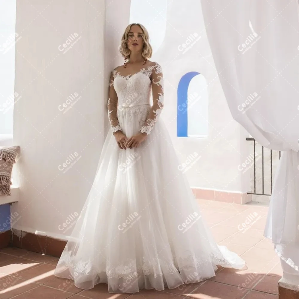 

Classic Wedding Dresses A-Line Tulle Tiered Bridal Gowns Lace Appliques 2024 Newest Robes For Formal Party Vestidos De Novia