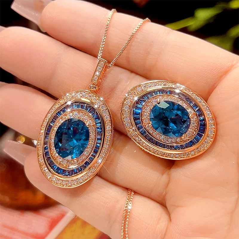

Rose Gold Plated Blue Oval Gemstone Jewelry Adjustable Ring Necklace with Cubic Zirconia Vintage for Women Fashion Party Gift