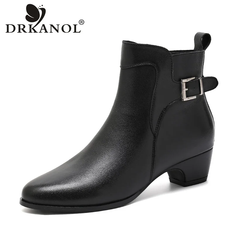 DRKANOL Women Ankle Boots Pointed Toe Genuine Leather Side Zipper Plush Warm Casual Short Boots Ladies Winter Thick Heel Shoes