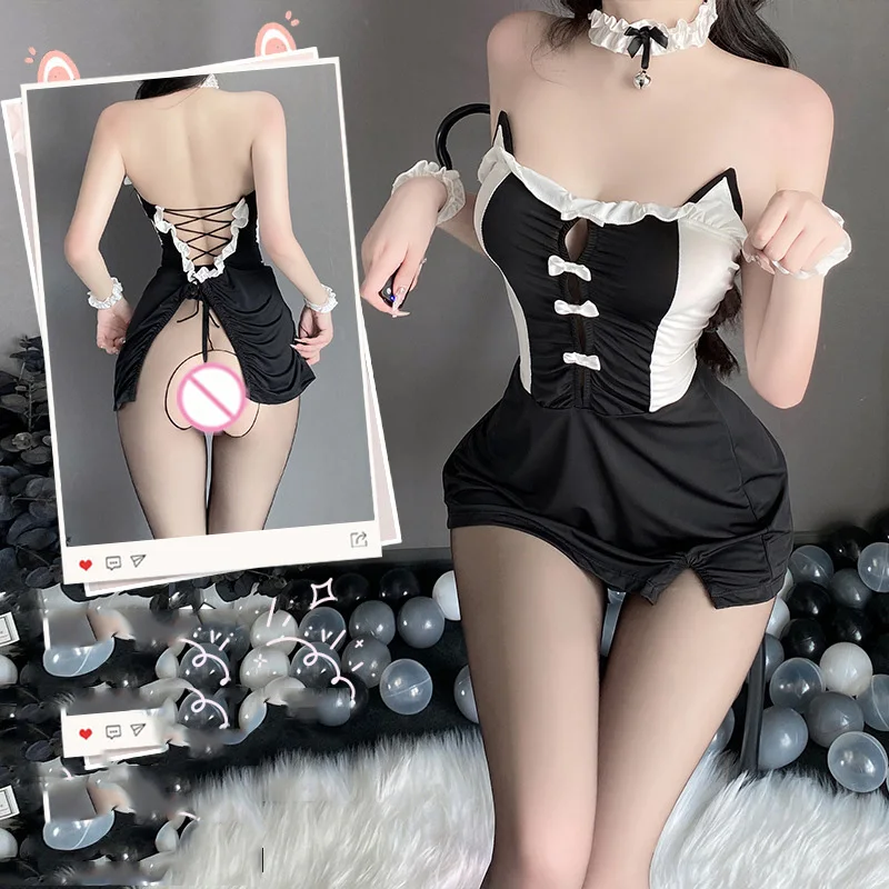 Lingerie Cat girl seduces revealing buttocks open gear no need to take off cosplay maid outfit fetish sexy womans costume xxx