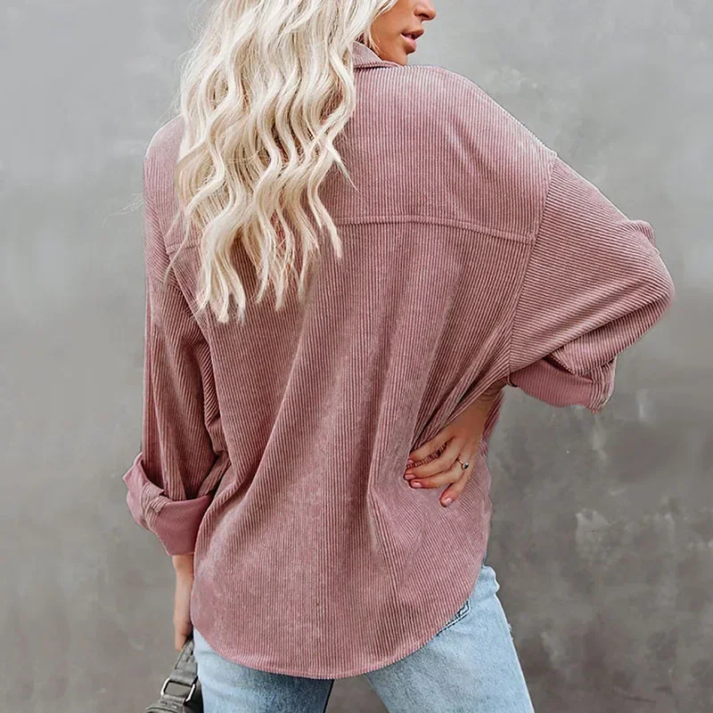 Blusas femininas de veludo monocromático, manga comprida, tops de botão, gola virada para baixo, camisa solta casual feminina, outono e inverno