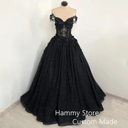 Black Wedding Dresses for Woman Customized Off The Shoulder V Neck 3D Flowers See Through Court Train Corset Gothic Bridal Gown
