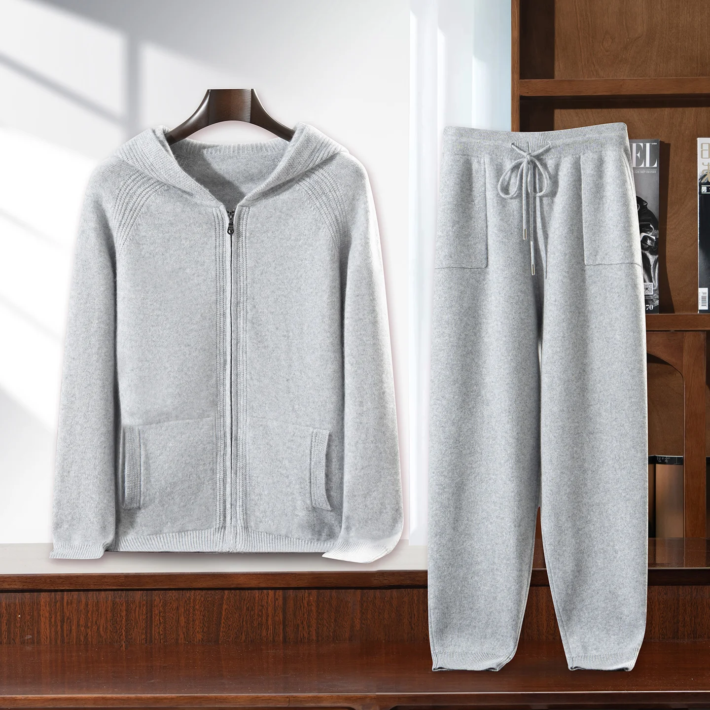Autumn Winter New Set 100% Cashmere Knitted Two-Piece Men's Hooded Zipper Cardigan High Waisted Small Leg Pants Casual Warm Suit