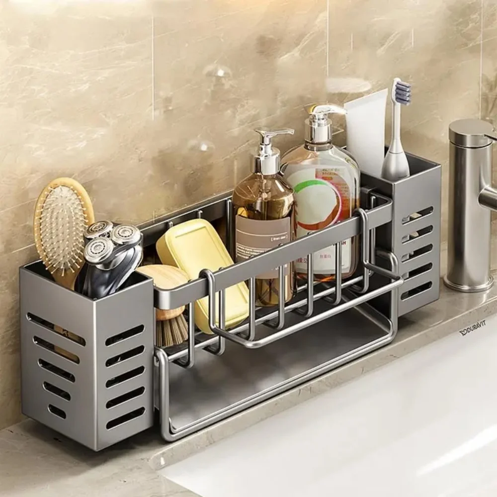 Estante de almacenamiento para fregadero de cocina de acero inoxidable, ahorrador de espacio, con estante para esponjas y cesta de drenaje integrados para limpieza y almacenamiento en la cocina.