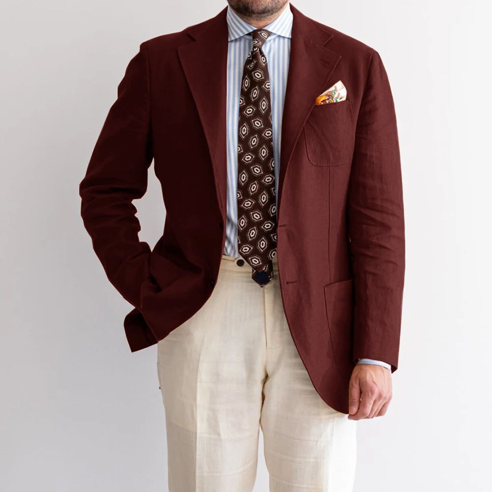 Jaket Setelan Linen Pria Blazer Elegan Kasual Slim Fit Kancing Sebaris Pakaian Formal Bisnis Nyaman Mantel Kantor Pria Bergaya