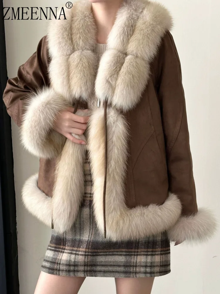

ZMEENNA женская короткая куртка из искусственной замши с меховой отделкой, зимнее теплое пальто-бомбер, роскошный винтажный дизайн, коричневый ZM4543