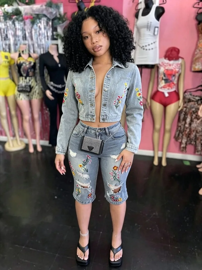 Floral Embroidery Stretch Denim 2 Piece Set Women Long Sleeve Single Breasted Jacket Crop Tops + Knee Length Pants Jeans Suits