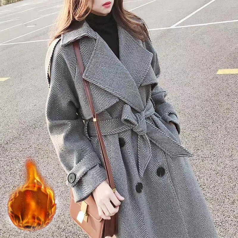 

2023 Autumn Winter New Herringbone Trench Coat Thick Coat Women Long Over The Knee Fashion Loose All Matching Woolen Coat