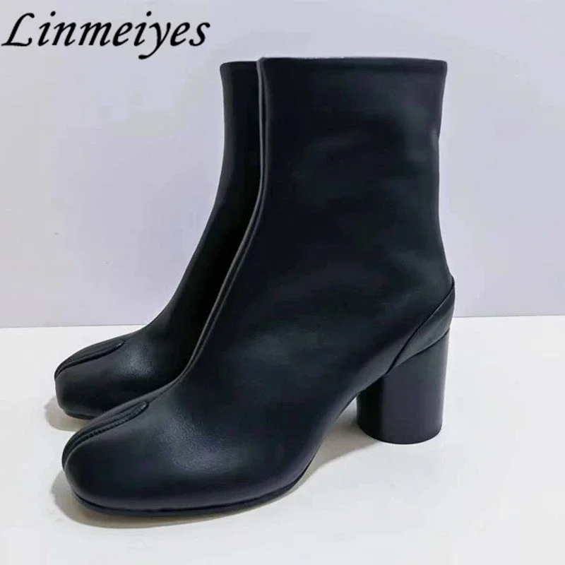 New Split Toe Boots Woman Comfy Low-heel Ankle Boots Classic Genuine Leather Punk Style Chelsea Boots Women 2023