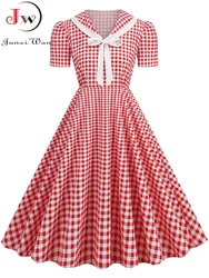 Plaid Printed Vintage Dresses Women Summer Elegant Peter pan Collar Dot Short Sleeve Party Evening Midi Dress