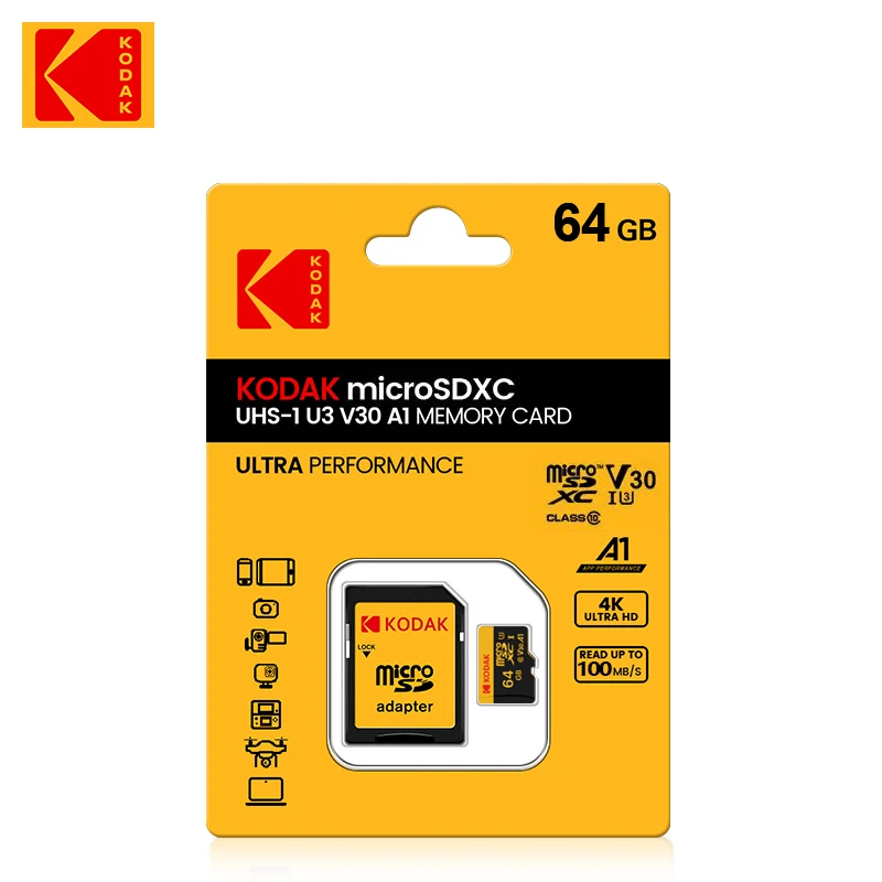 

Карта памяти KODAK Micro SD 512 ГБ 256 ГБ до 100 МБ/с C10 U3 32 ГБ 64 ГБ 128 ГБ TF-карта 4K HD для USB-адаптера устройства чтения карт Microsd
