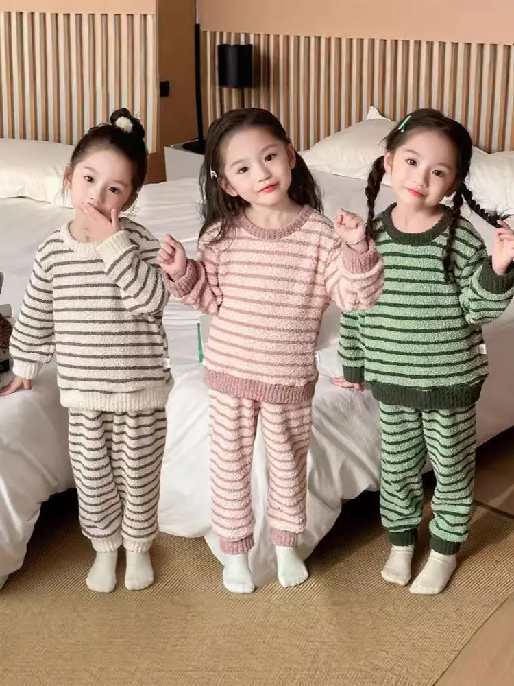 Kids Pajamas Sets Autumn Winter Children's Coral Velvet Sleepwear Stripe Loungewear for Boys Girls Thicken Pijama Teen Clothes
