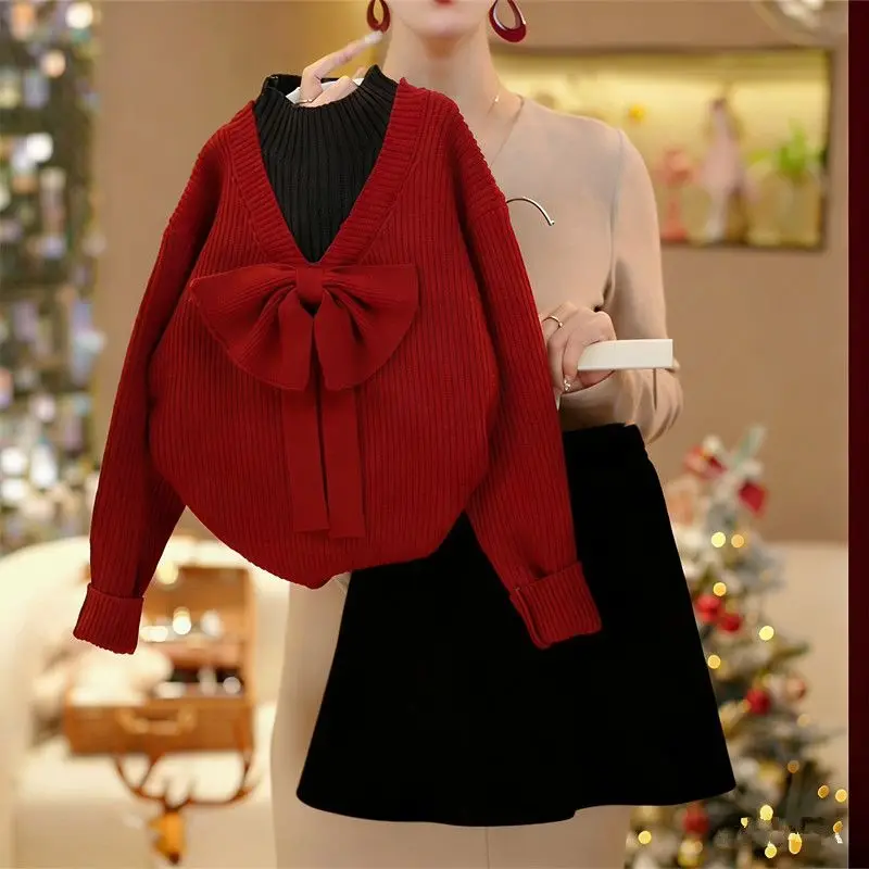 Girls Sweater Set 2025 Autumn Winter New Korean Bow Fake Two Piece Versatile Hairy Skirt Two Piece Set Trendy