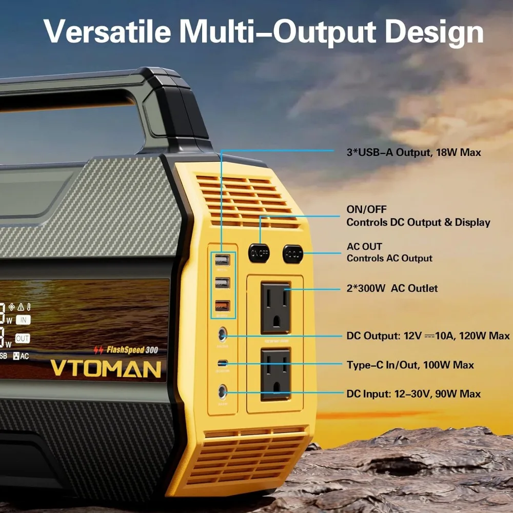 مولد طاقة شمسية محمول بقدرة 300 وات مع بطارية LiFePO4 بقدرة 230 وات في الساعة، و3000 دورة، ومحطة طاقة USB-C بقدرة 100 وات