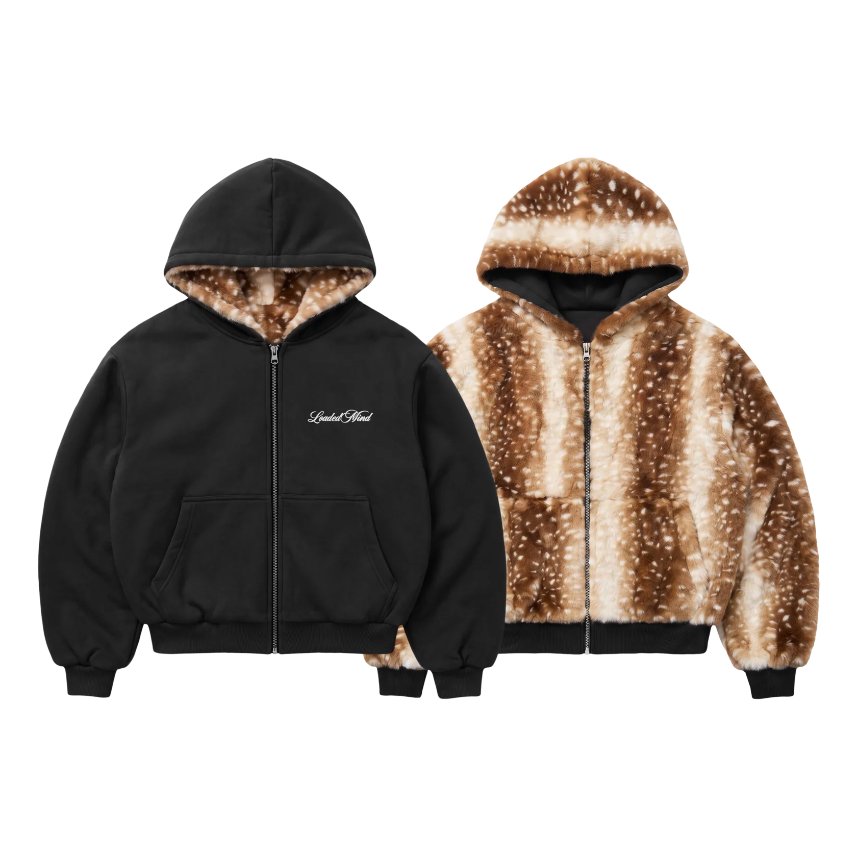 Y2K Retro Deer Spotted Faux Fur Double Sided Zip Up Hoodie Letter Embroidery Gothic Harajuku Unisex Winter Warm Streetwear Coat