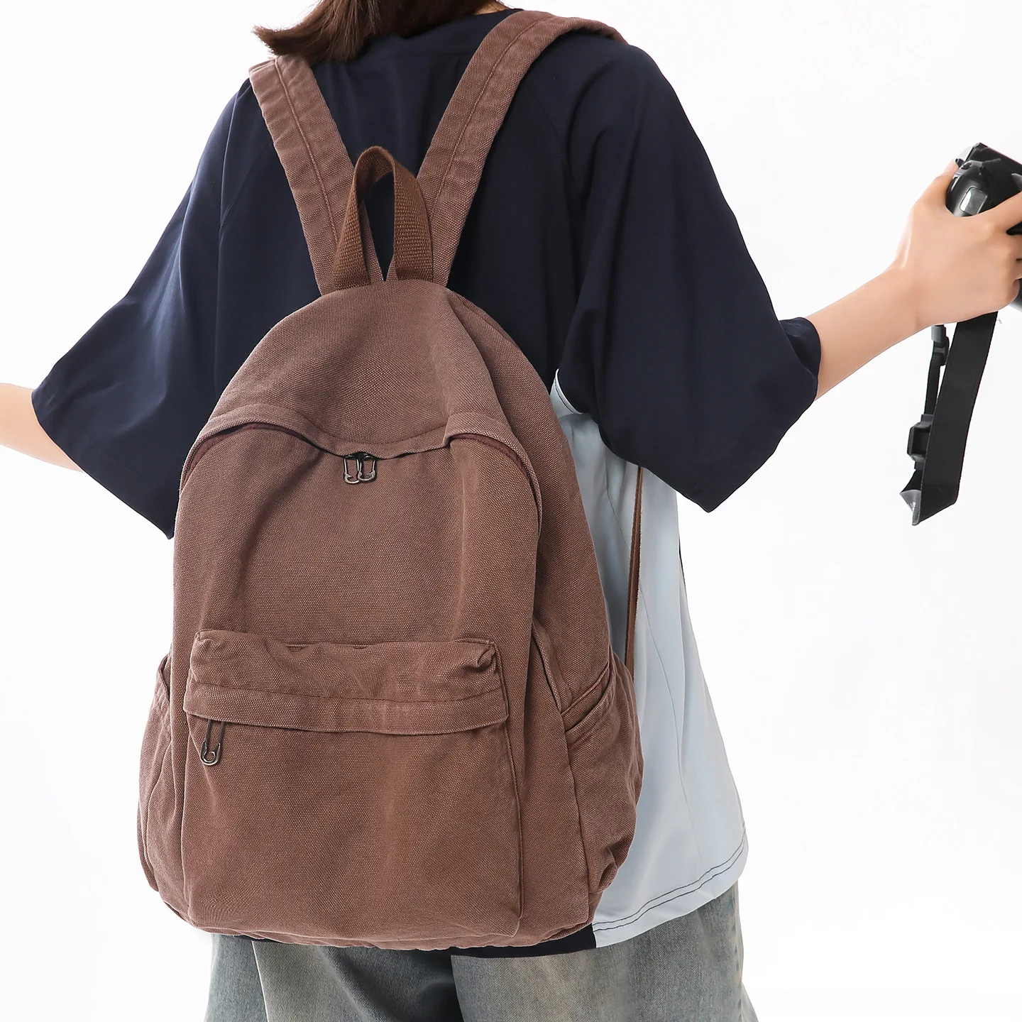 Unisex Canvas Backpack Men Women Casual Daypack Lightweight Travel Rucksack School Bag with Metal Buckle Front Pocket for Daily